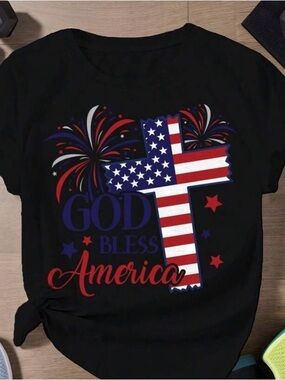 God Bless America Cross Tee Patriotic Christian Shirt USA Graphic Holiday Faith